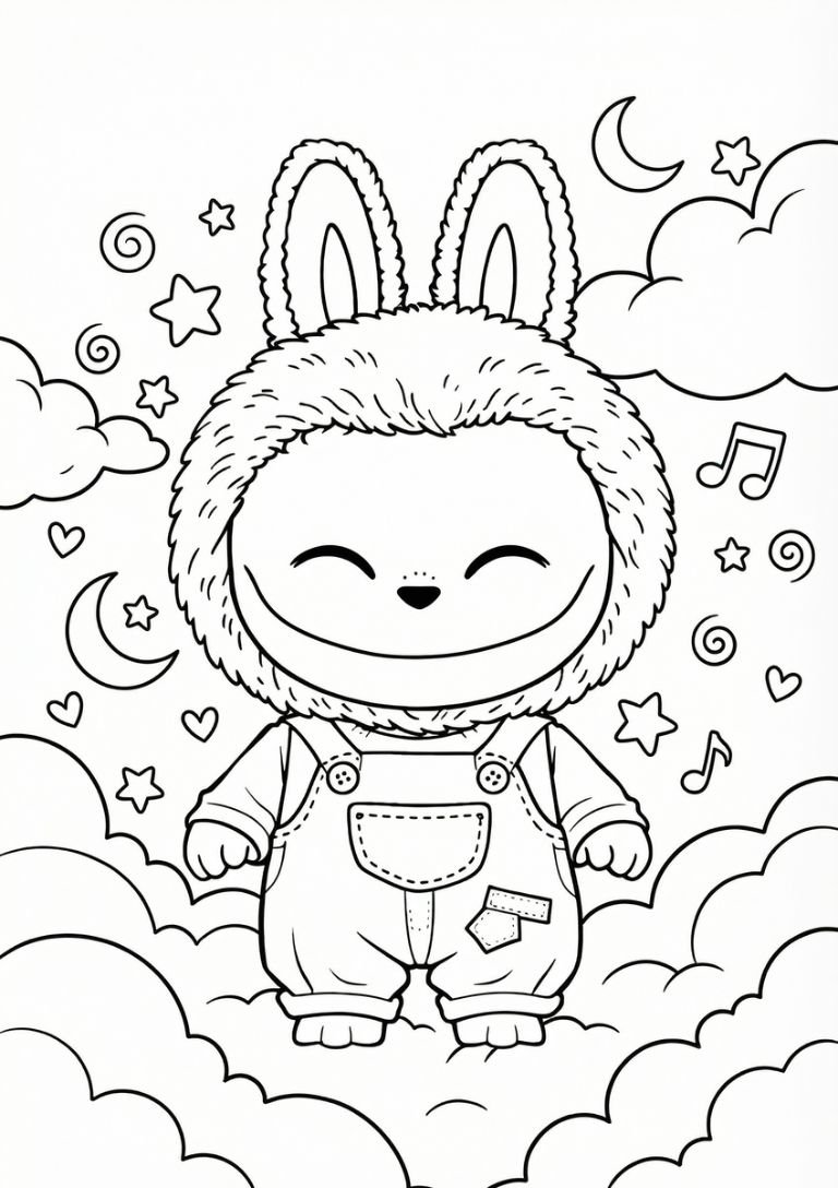 Labubu in a Dreamy Cloud Setting Coloring Page