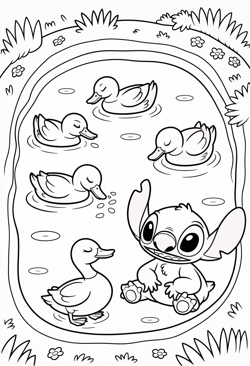 Stitch and Ducks at Pond