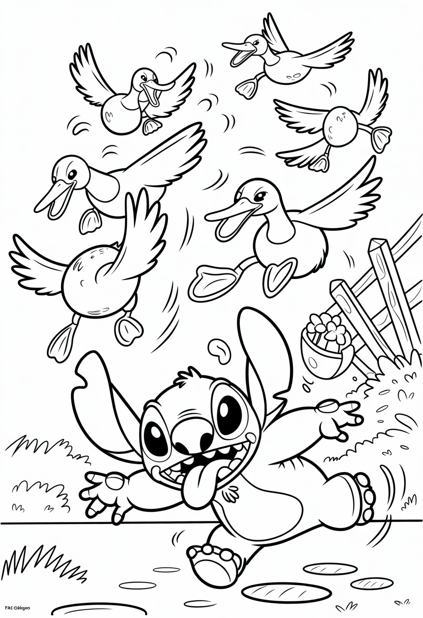 Stitch Chasing Ducks