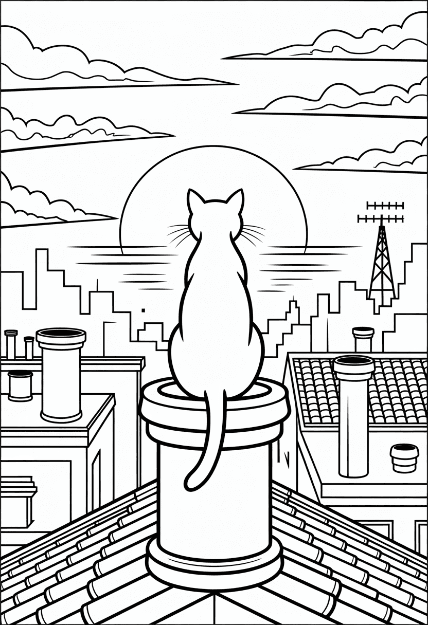 Cat on Rooftop at Sunset