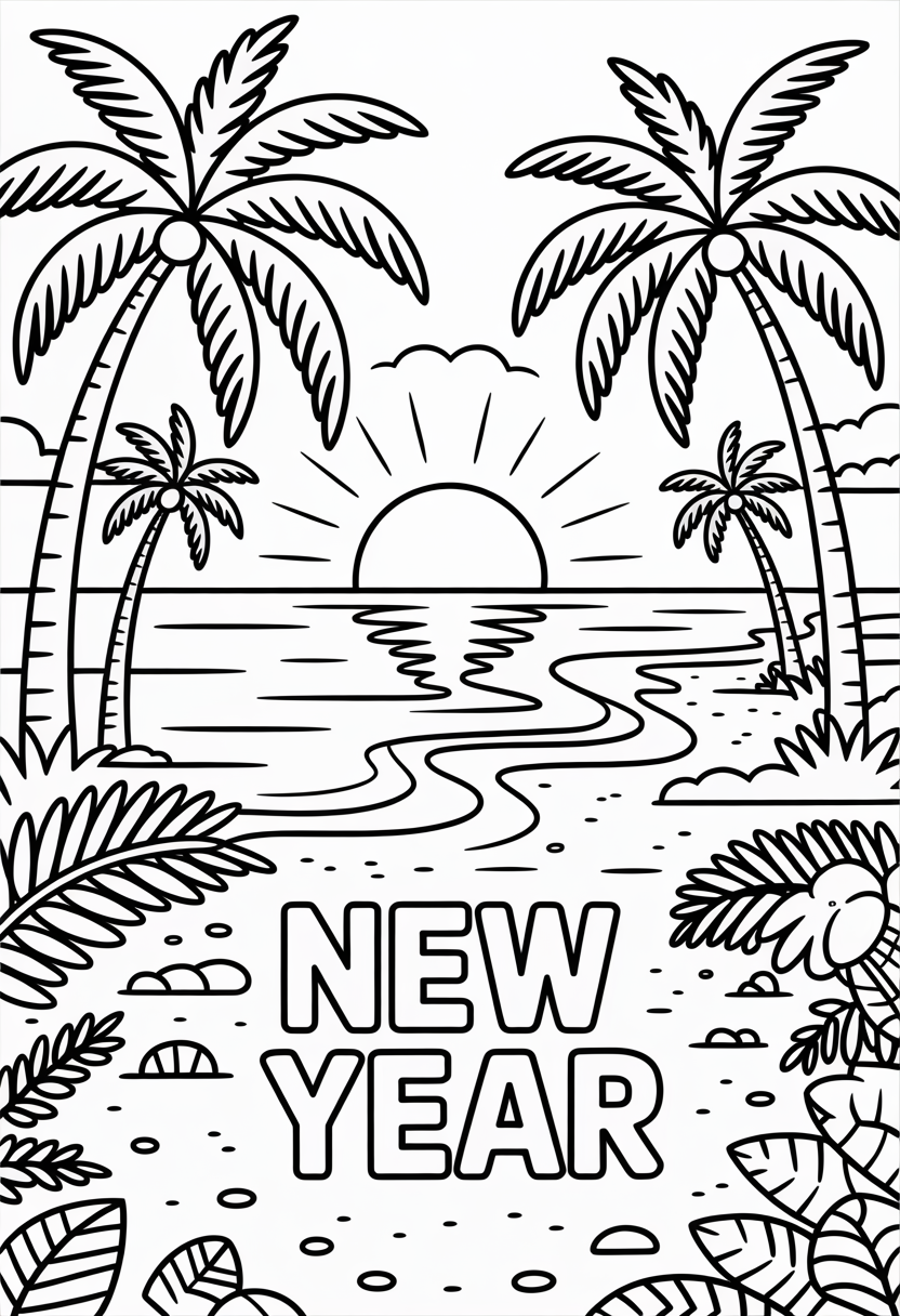 New Year Beach Party Coloring Page
