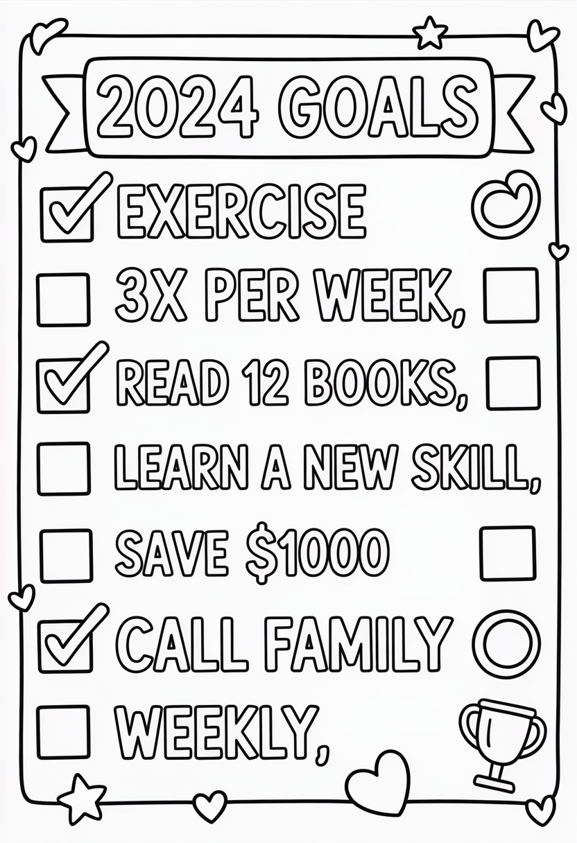 New Year Goals Checklist Coloring Page