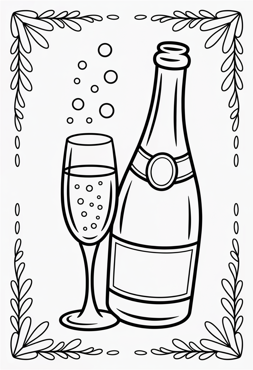 Champagne Bottle and Glass Coloring Page