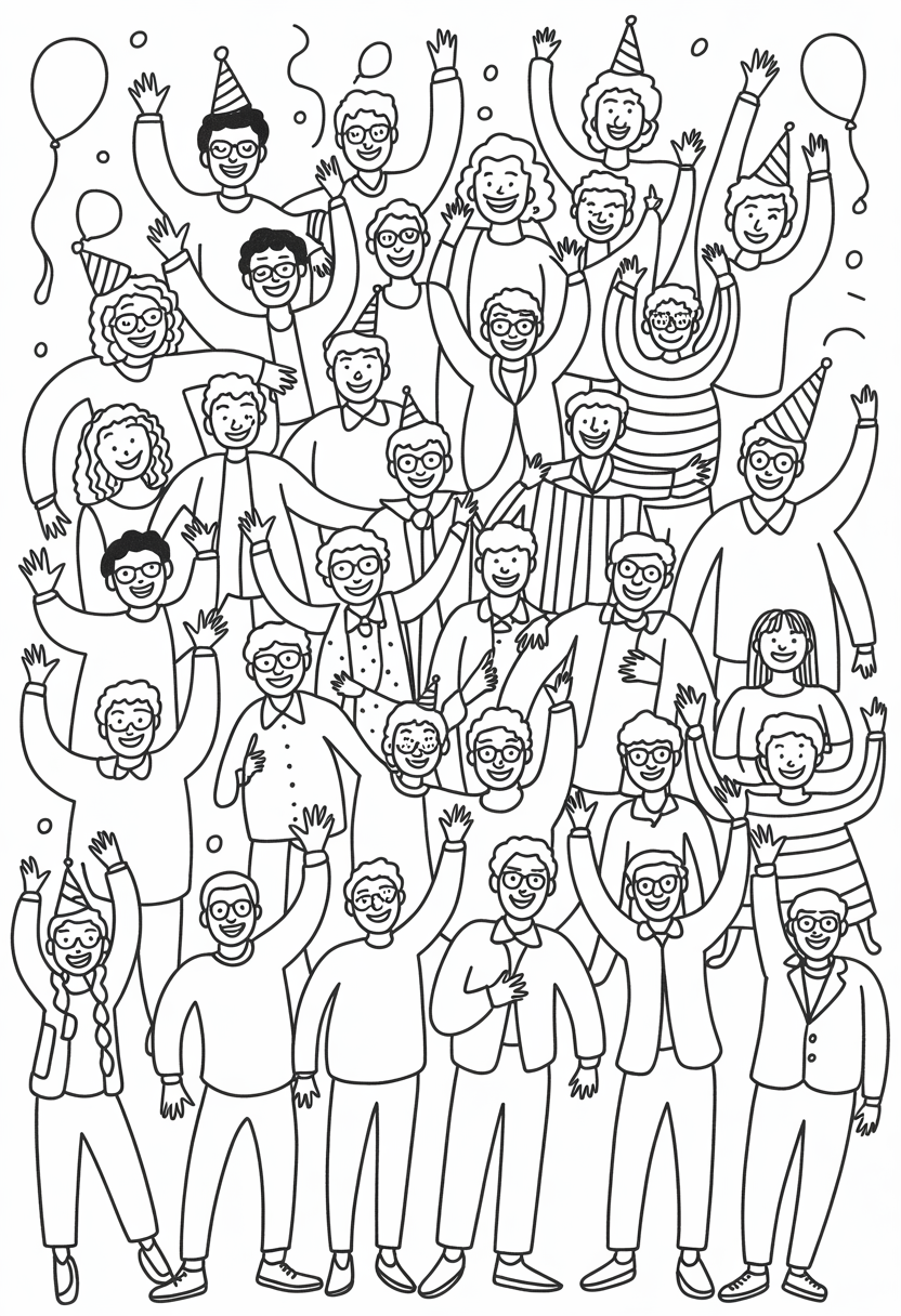 New Year Party Full of People Coloring Page