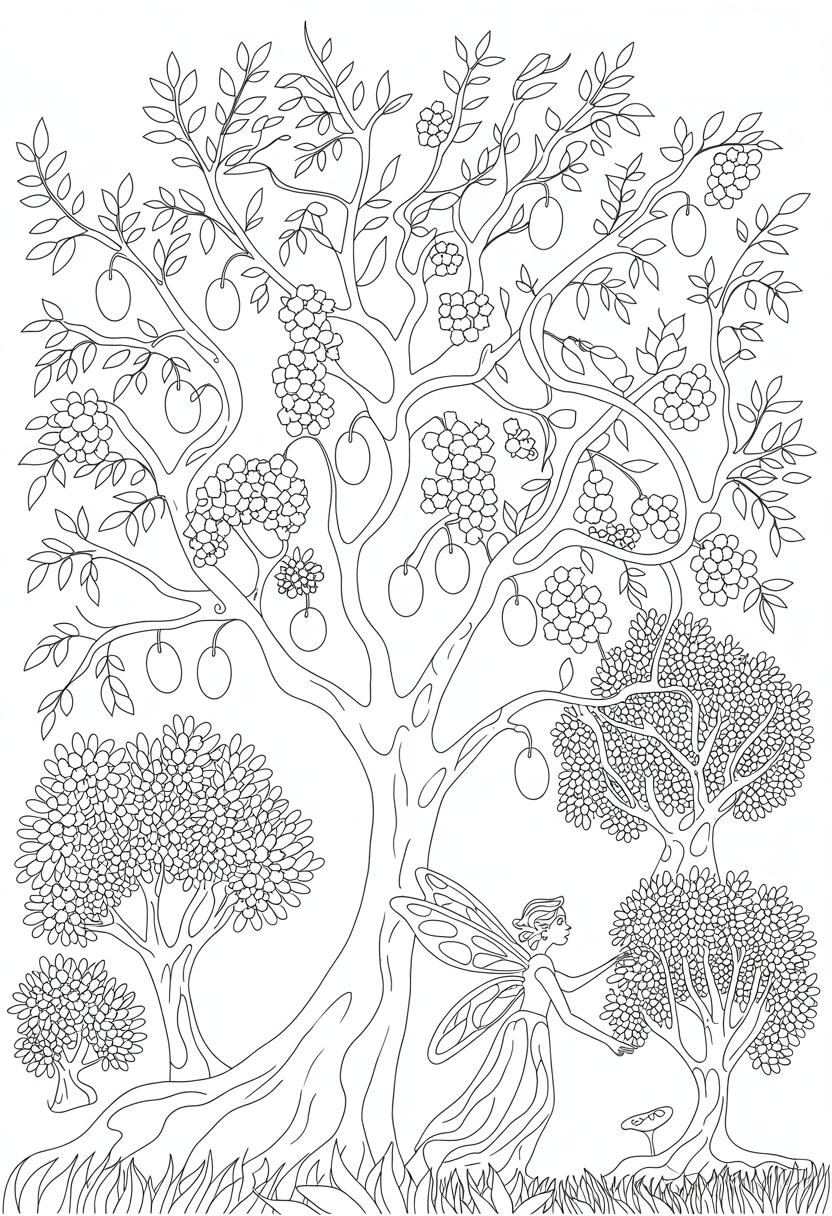 Fairy Orchard with Magical Trees Coloring Page