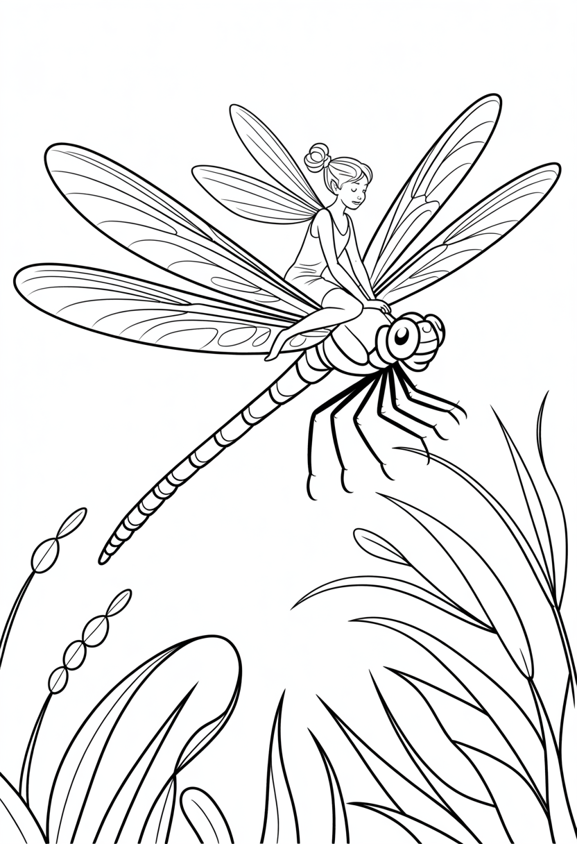 Fairy Riding on Dragonfly Coloring Page