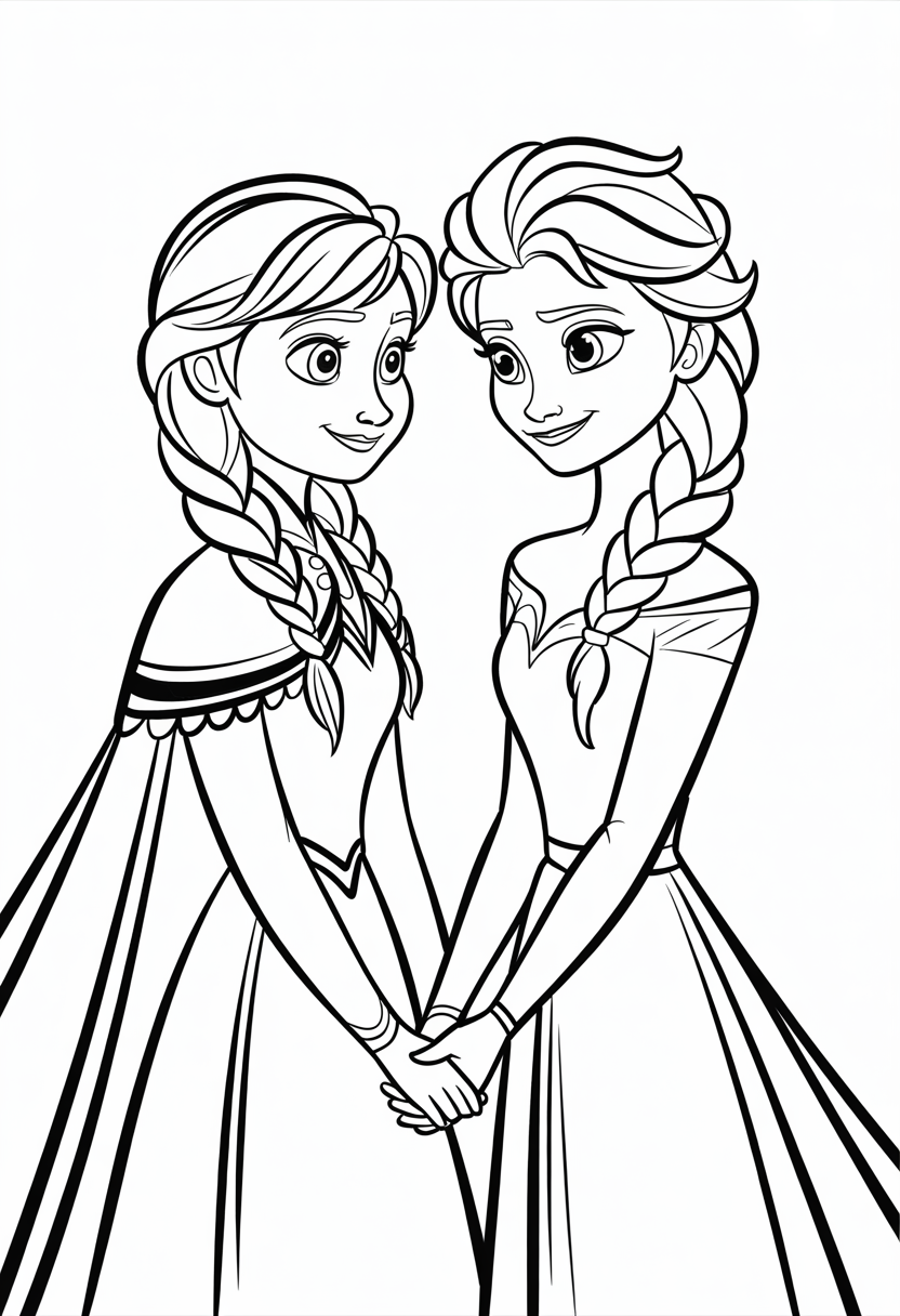 Anna and Elsa Holding Hands Coloring Page
