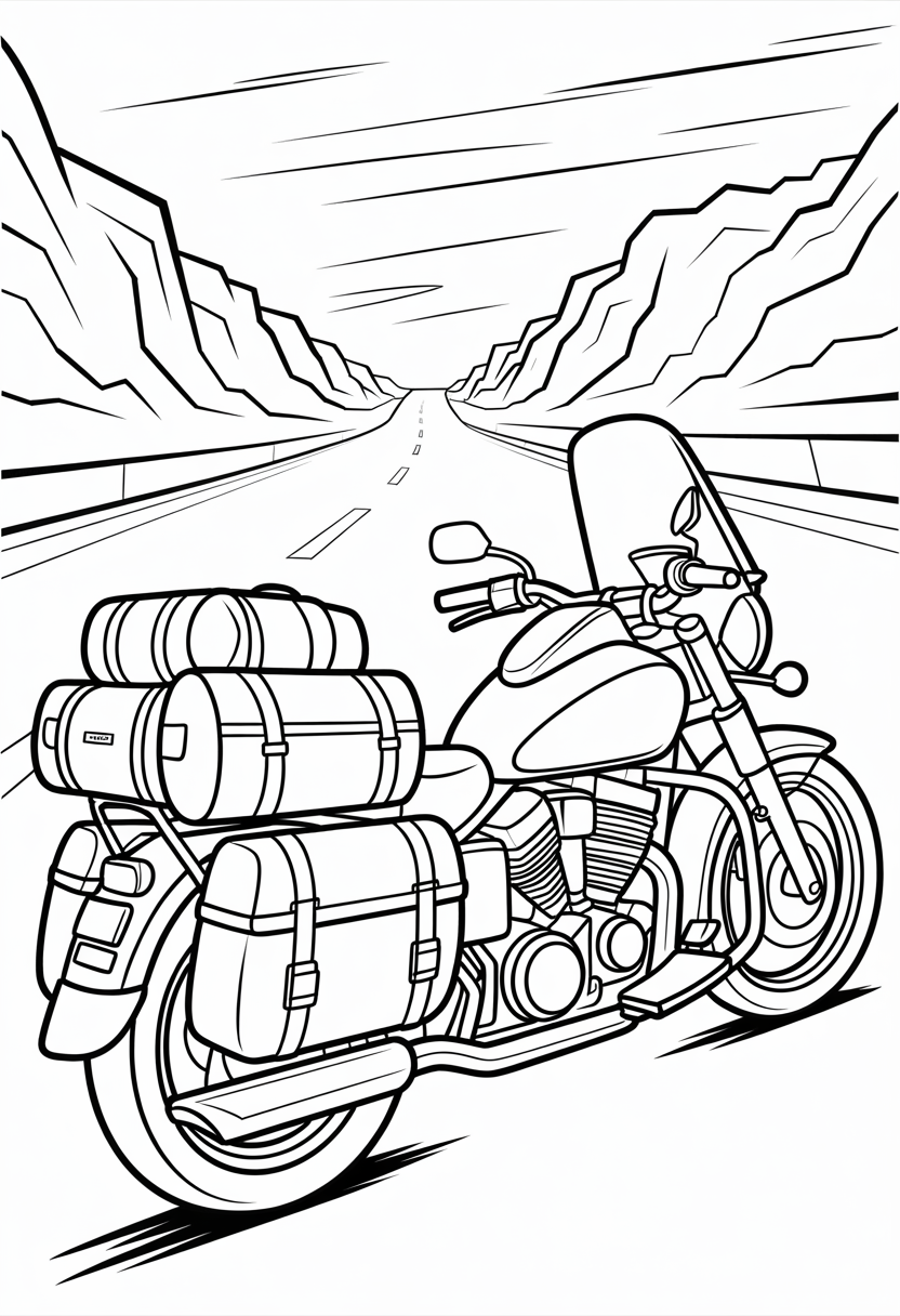 Motorcycle Long-Distance Touring Coloring Page