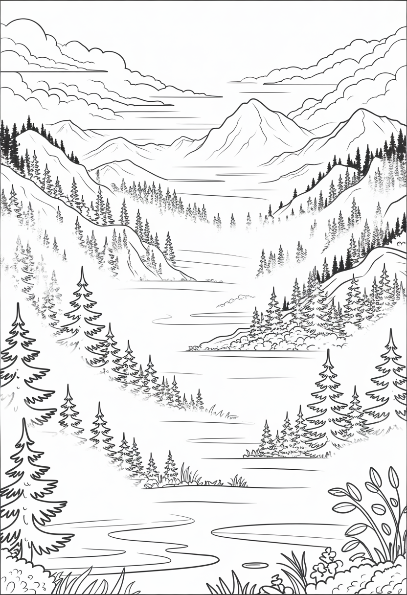 Misty Mountain Morning Coloring Page