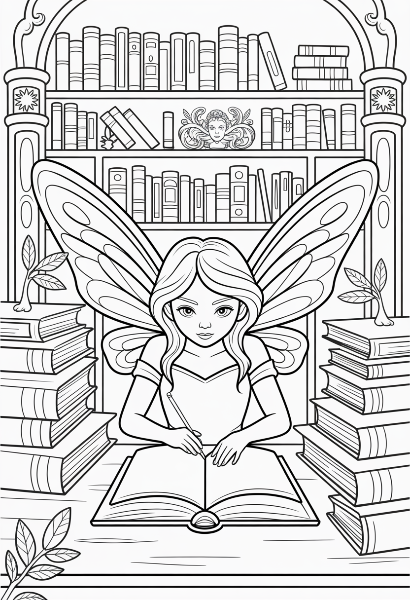 Fairy in Enchanted Library Coloring Page