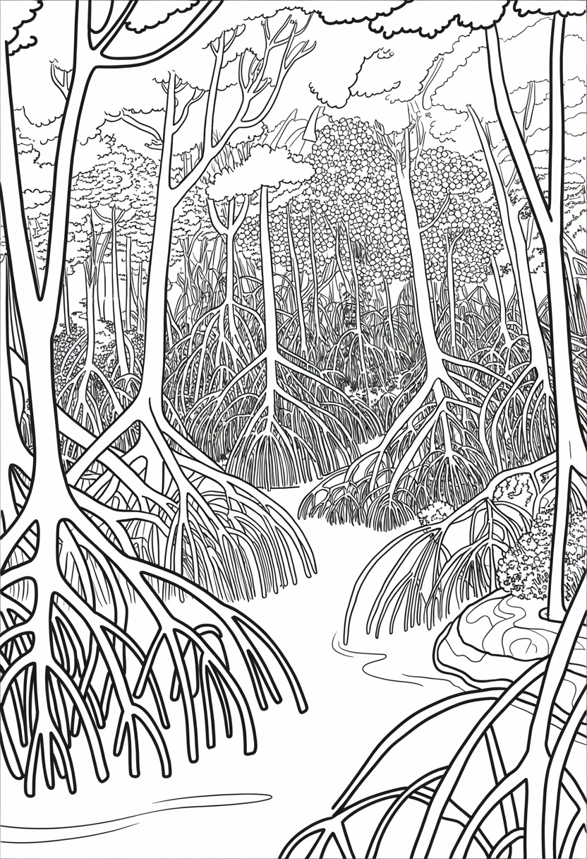Dense Mangrove Forest Coloring Page