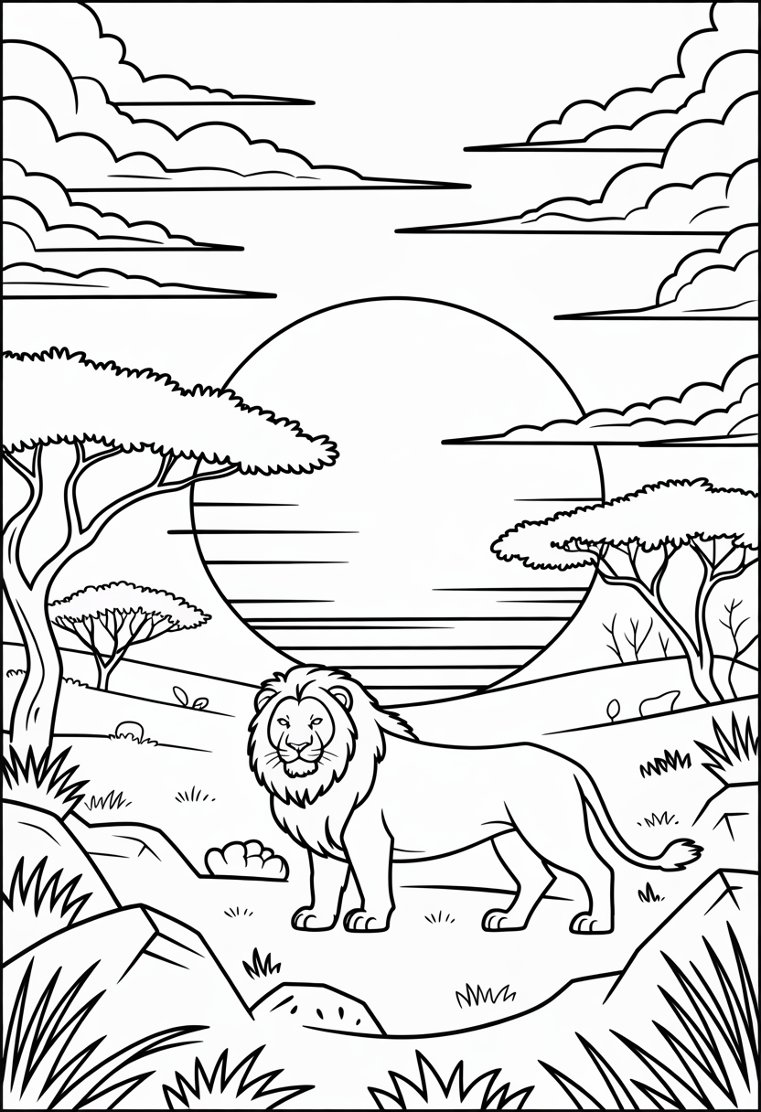 Sunset Pride Lands Scene Coloring Page