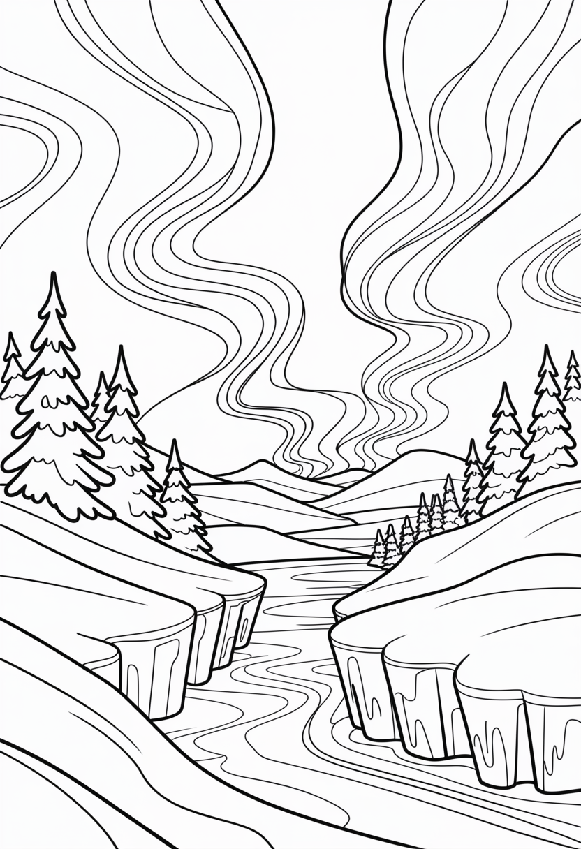 Snowy Landscape with Aurora Coloring Page
