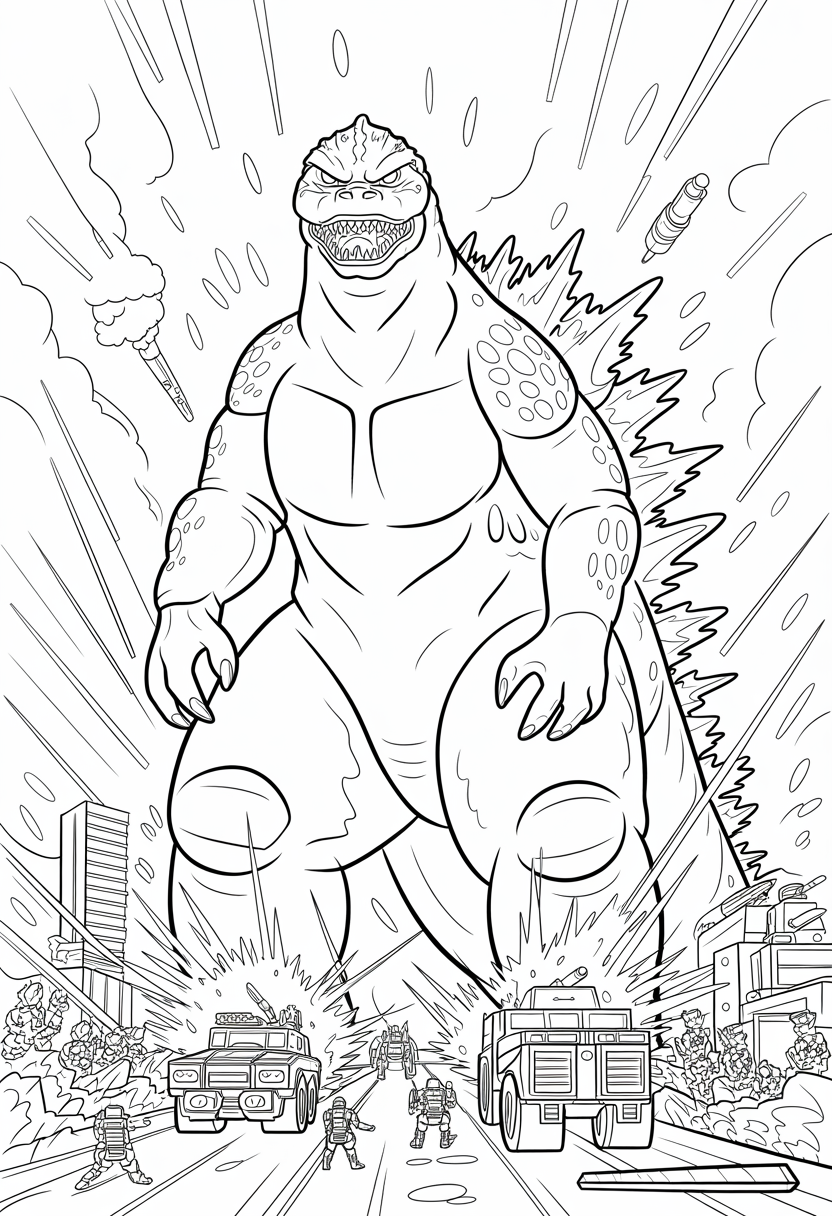 Godzilla Military Confrontation Coloring Page