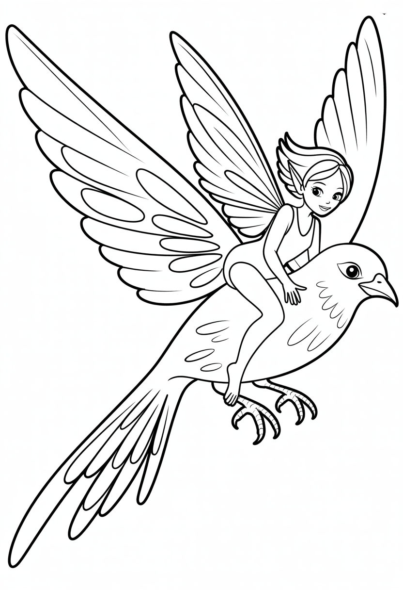 Fairy Riding Bird Coloring Page