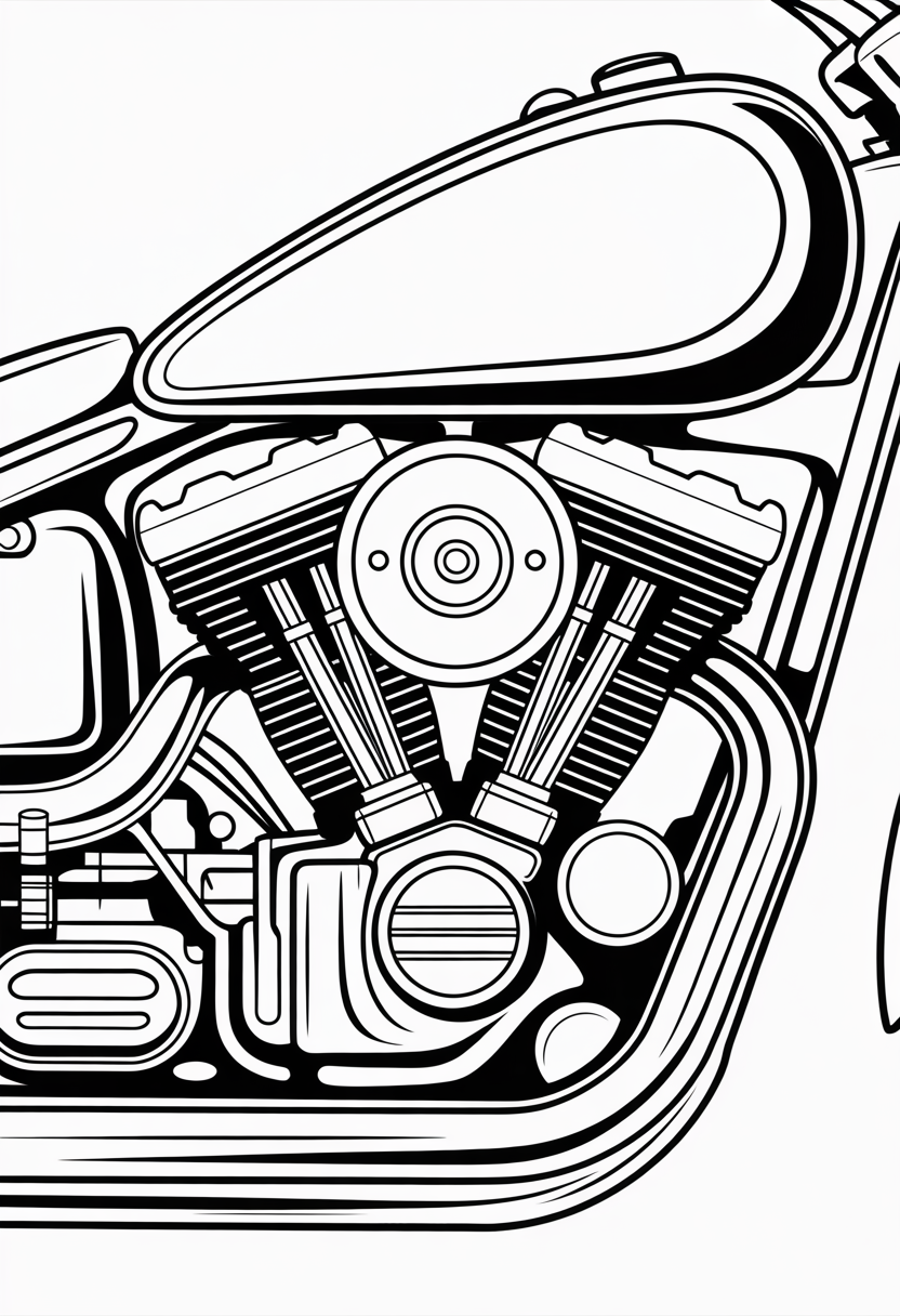 Motorcycle Engine Detail Closeup Coloring Page