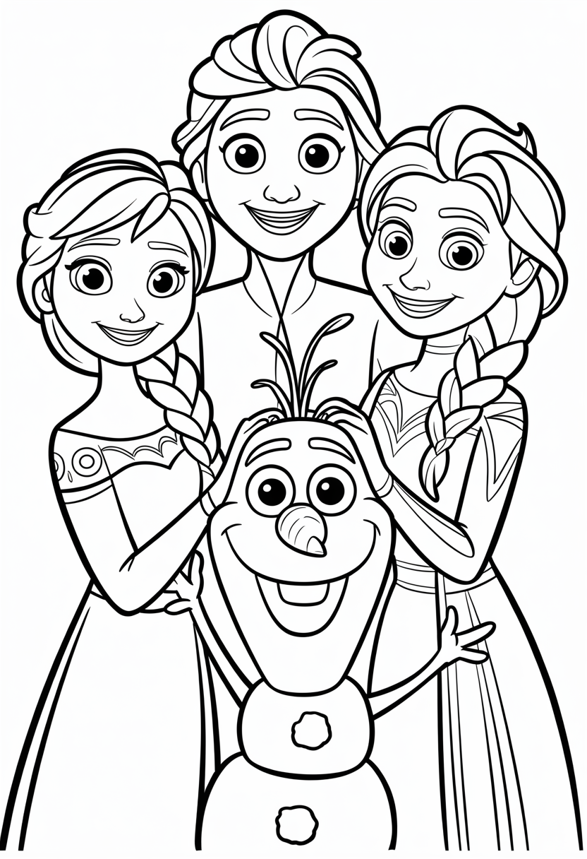 Anna Elsa and Olaf Together Coloring Page