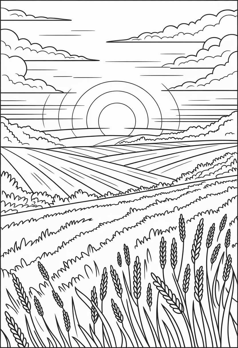 Sunset Over Fields Coloring Page
