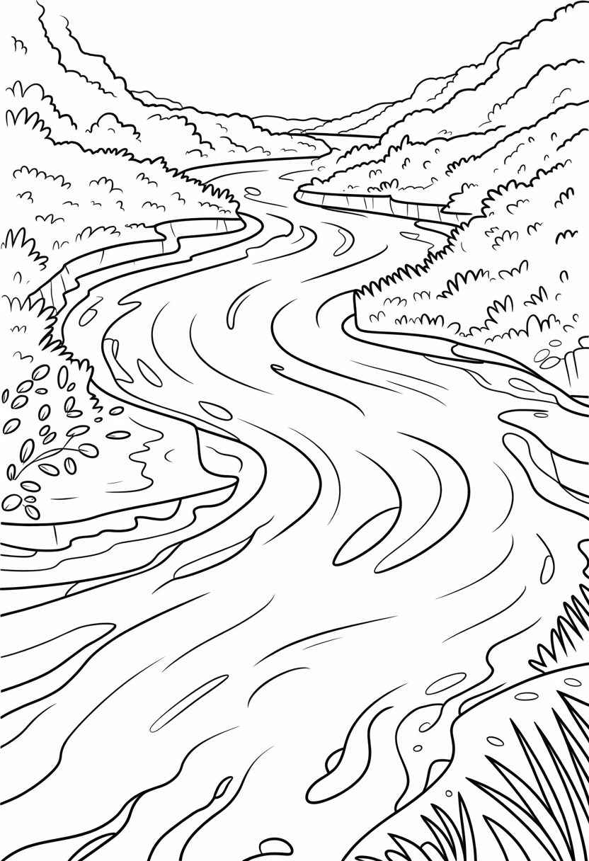River Flowing Landscape Coloring Page