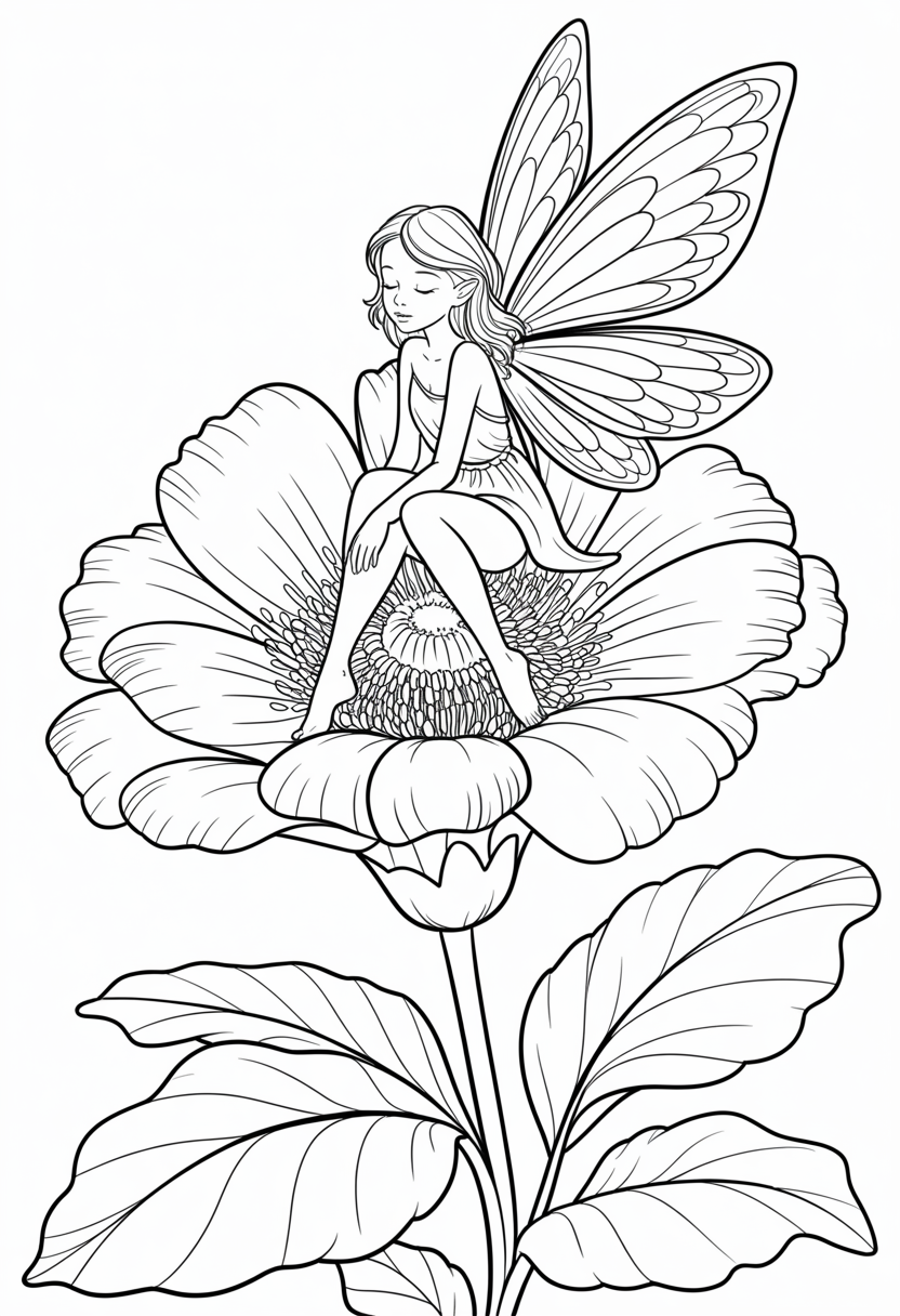 Fairy Sitting on Flower Coloring Page