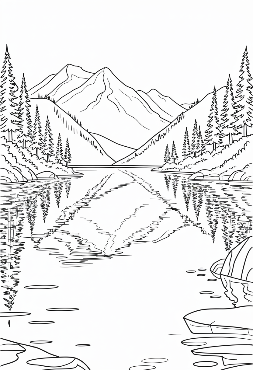 Tranquil Lake Reflection Coloring Page