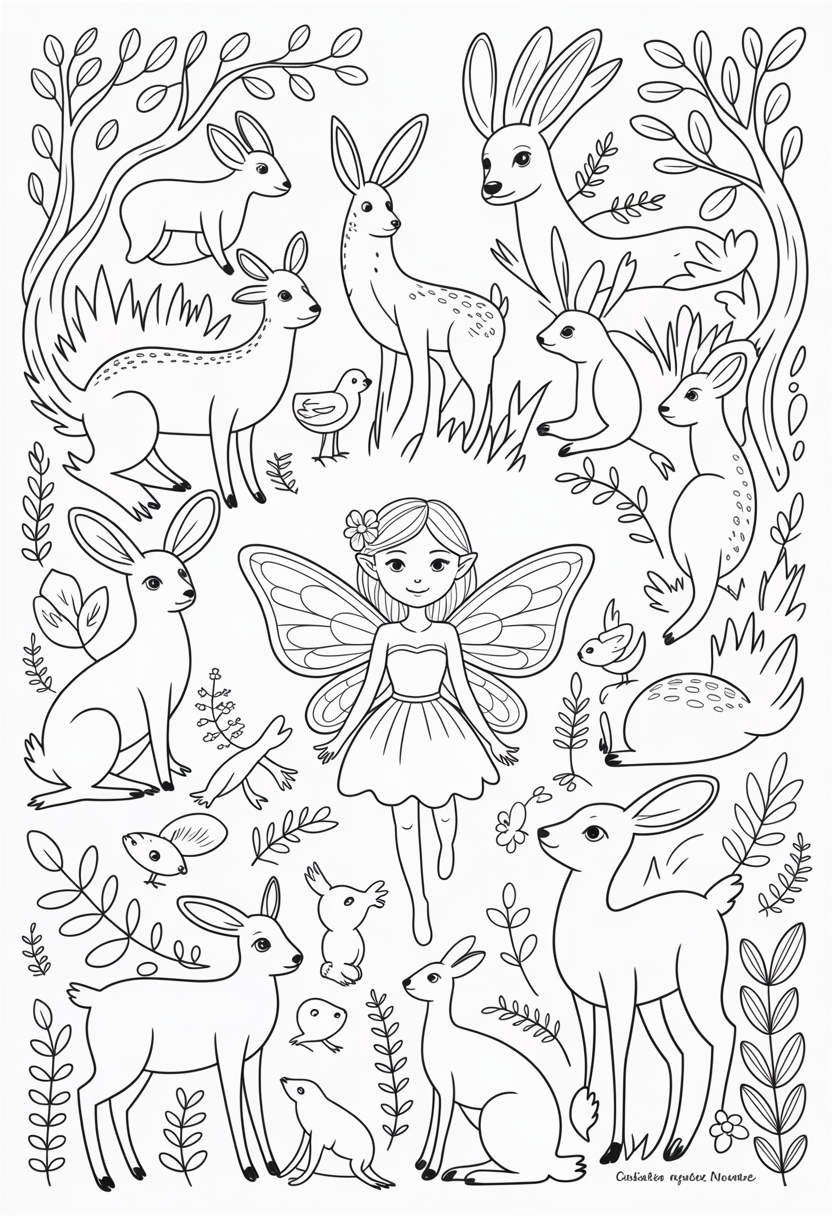 Fairy with Woodland Animals Coloring Page