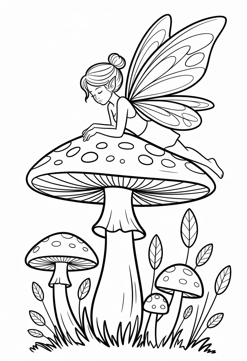 Fairy Resting on Mushroom Coloring Page