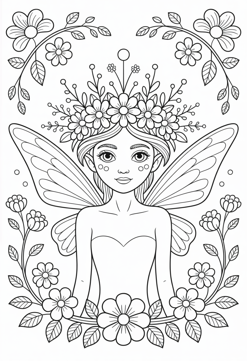 Fairy with Flower Crown Coloring Page