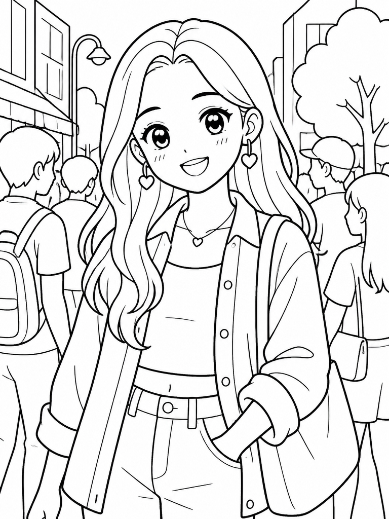 Abby smiling in street crowd with relaxed idol look