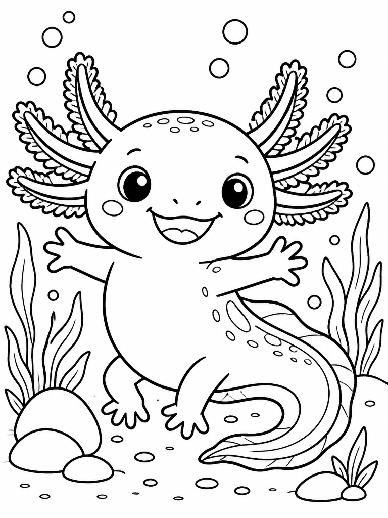 Adorable axolotl smiling with frilly gills spread wide