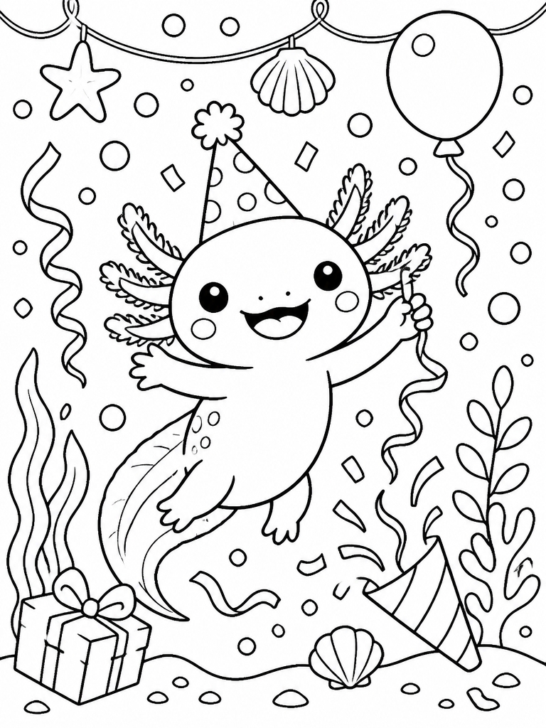Axolotl celebrating with streamers and party decorations underwater