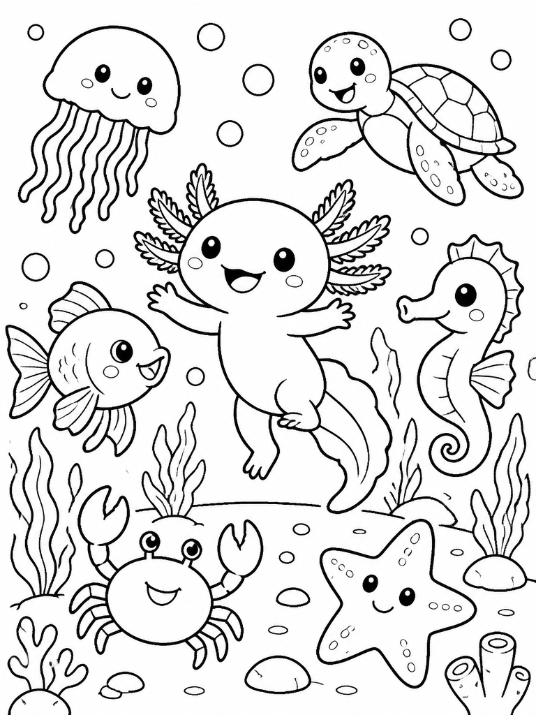 Axolotl dancing with other aquatic creatures underwater