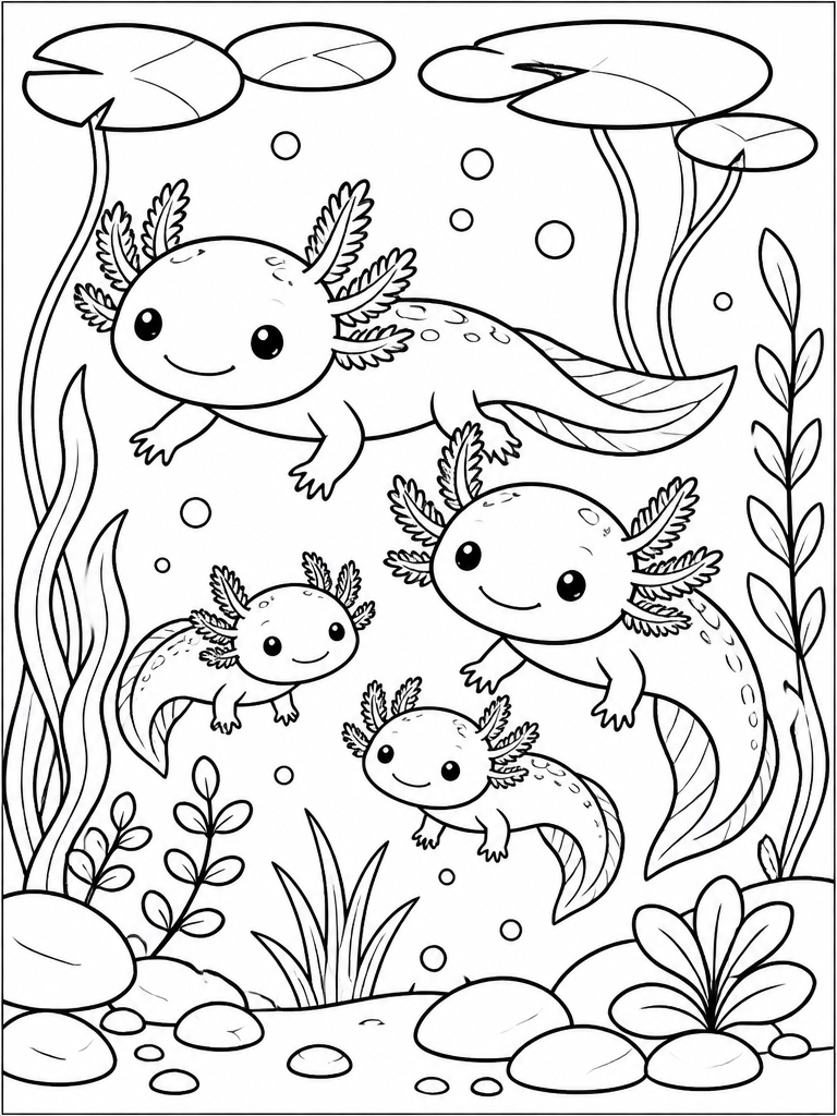 Axolotl family swimming together in harmonious pond