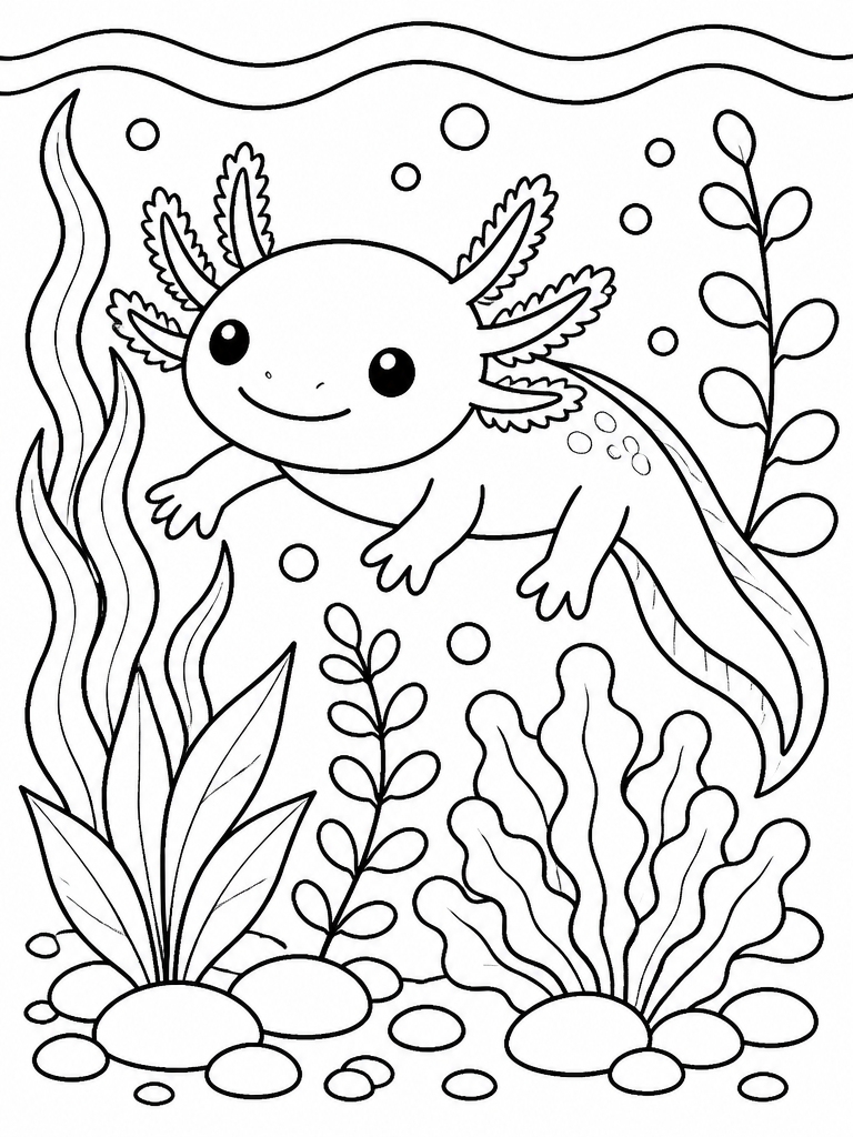 Axolotl floating peacefully in aquatic water plants