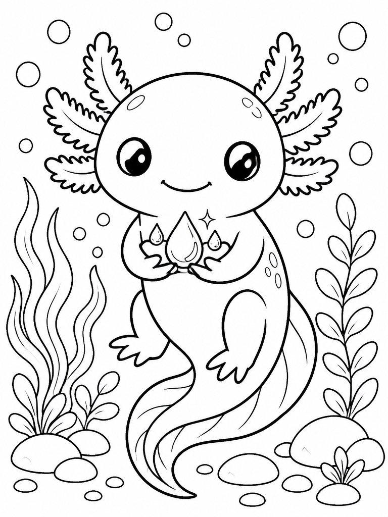 Axolotl holding tiny water droplets like precious gems
