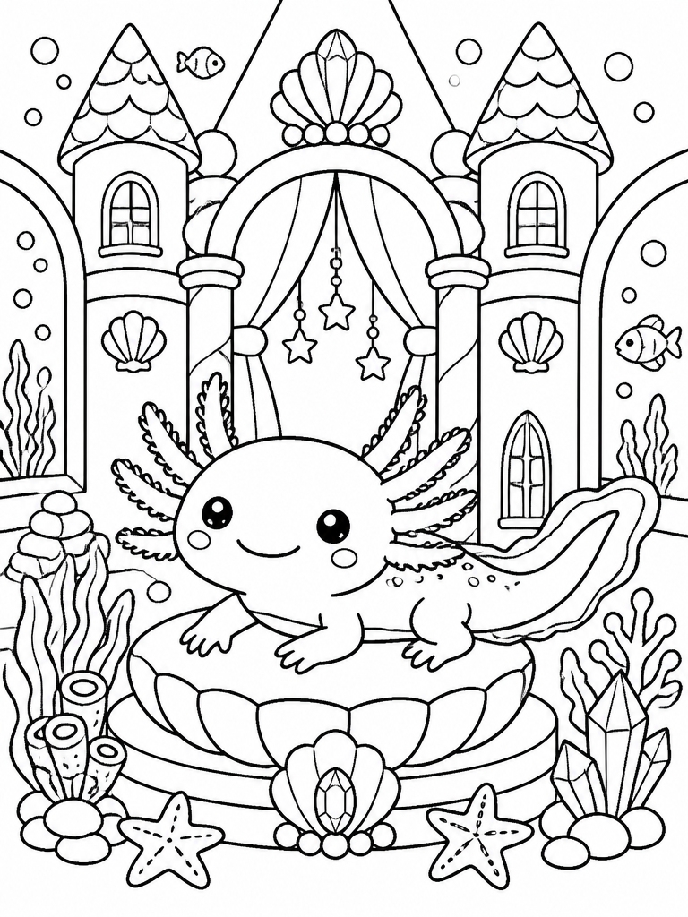 Axolotl in colorful underwater castle with magical details