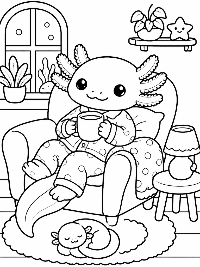 Axolotl in cute pajamas relaxing at home