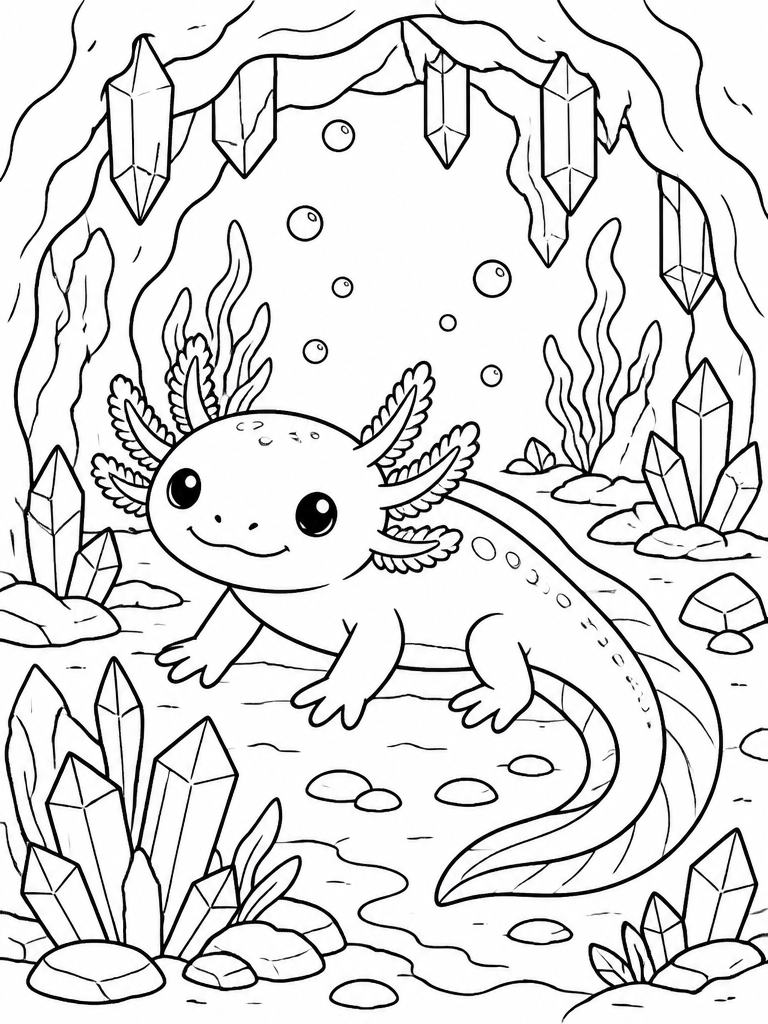 Axolotl in enchanted underwater cave with crystals