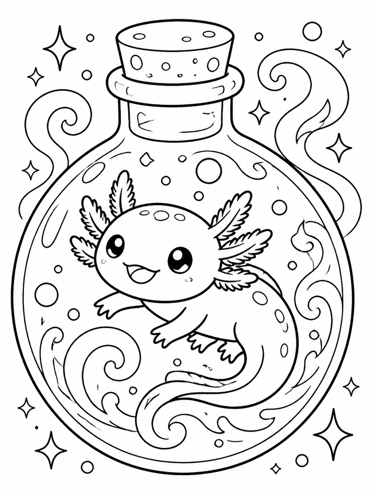Axolotl in magical potion bottle with swirling effects
