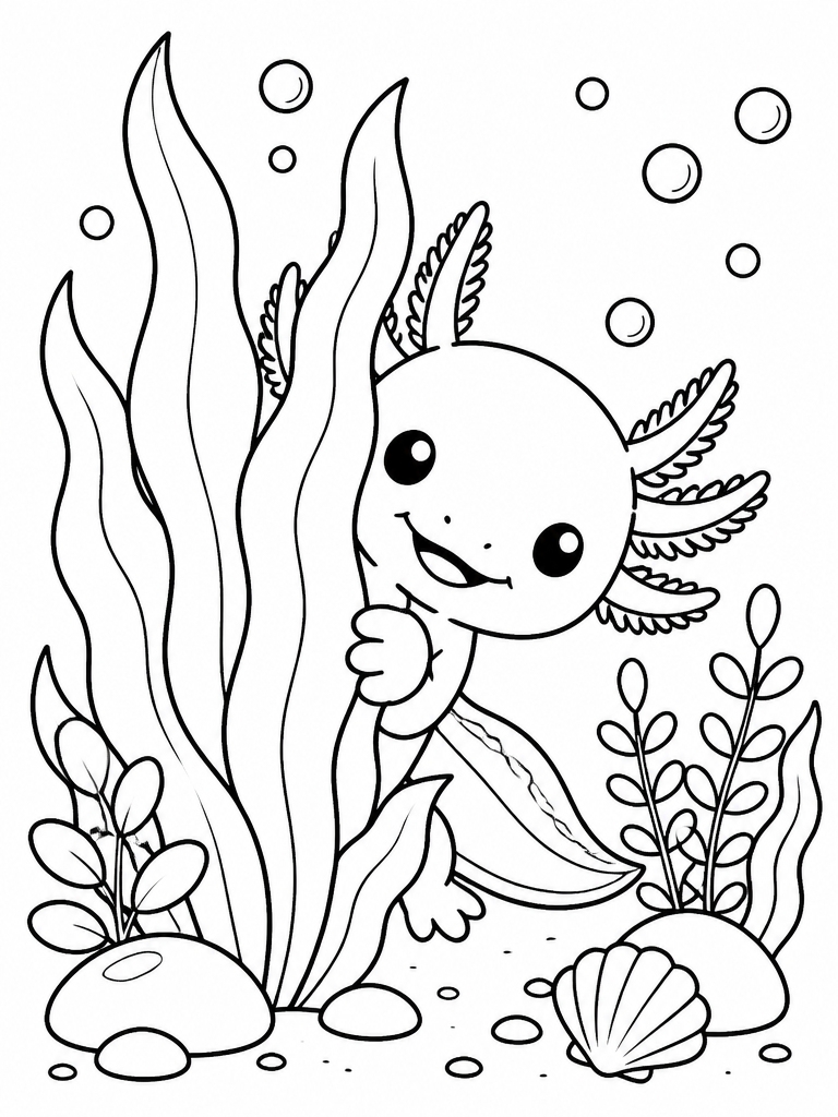 Axolotl peeking from behind aquatic plants playfully