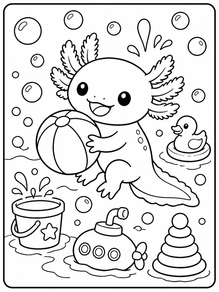 Axolotl playing with water toys and bubbles
