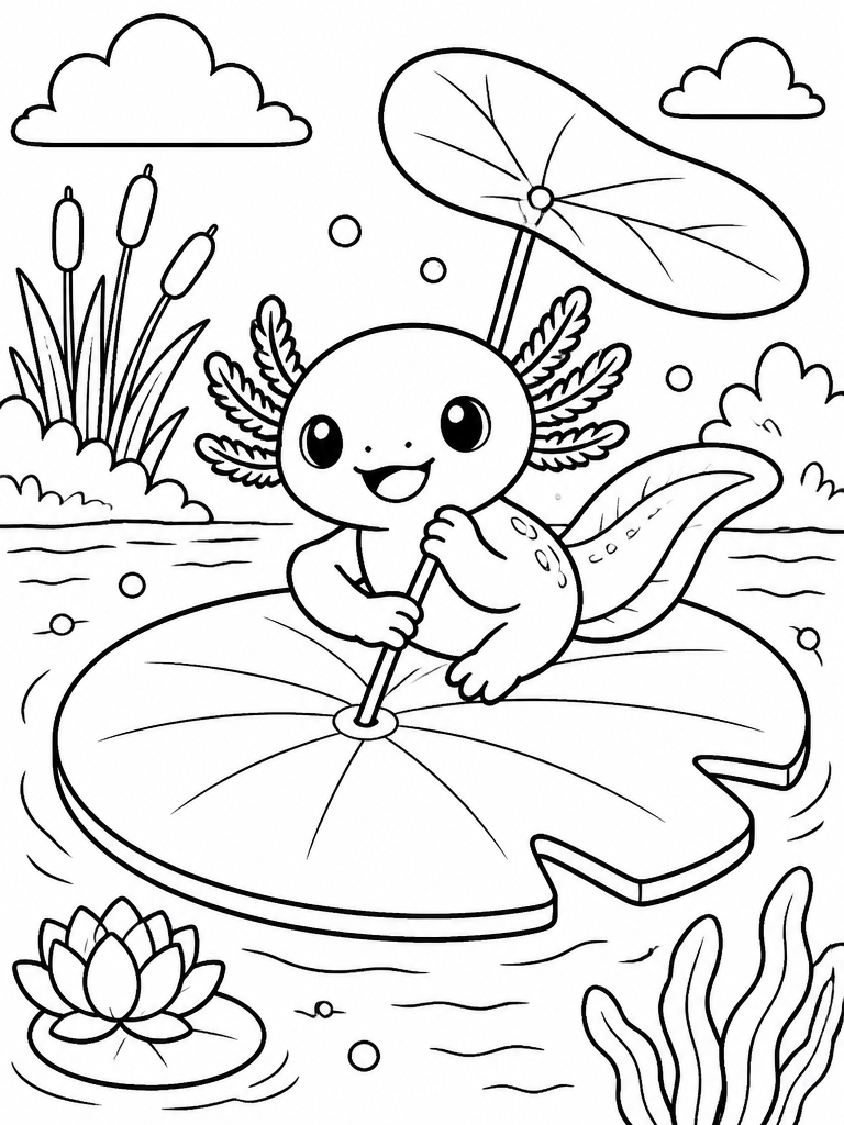 Axolotl riding on a giant lily pad adventure