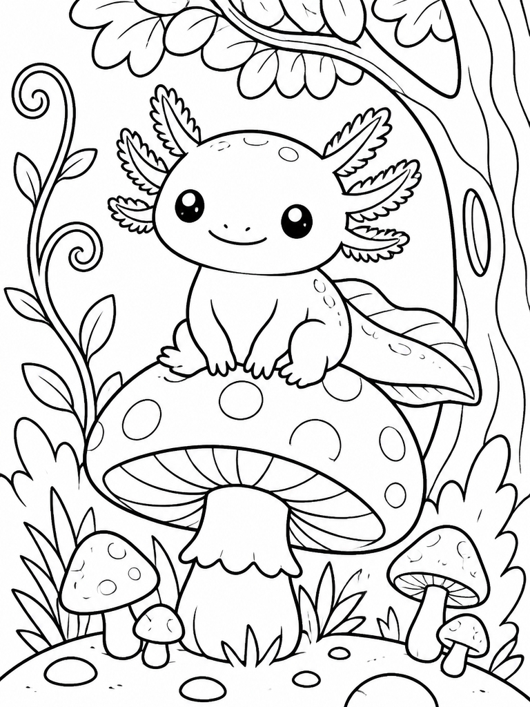 Axolotl sitting on mushroom in whimsical forest setting
