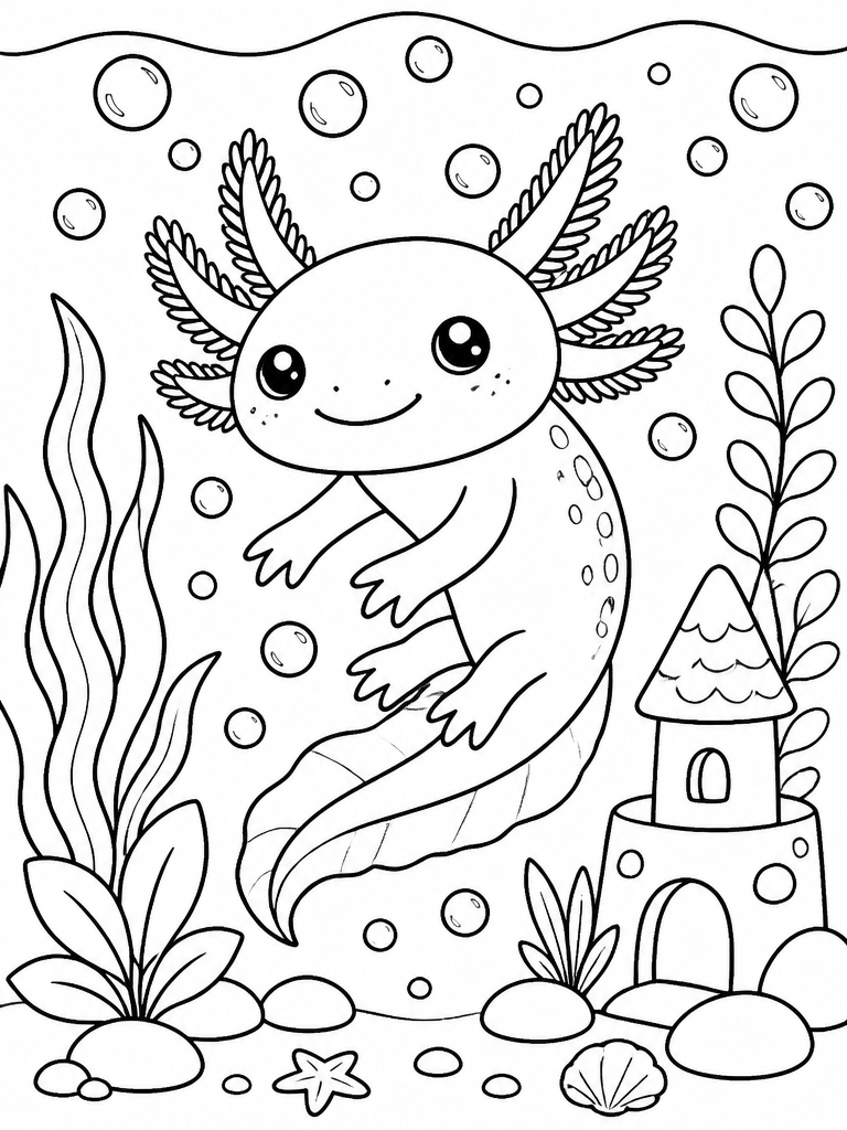 Axolotl surrounded by bubbles in dreamy aquarium setting