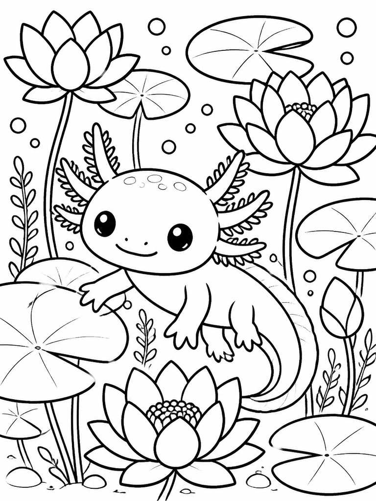 Axolotl surrounded by water lilies and lotus flowers