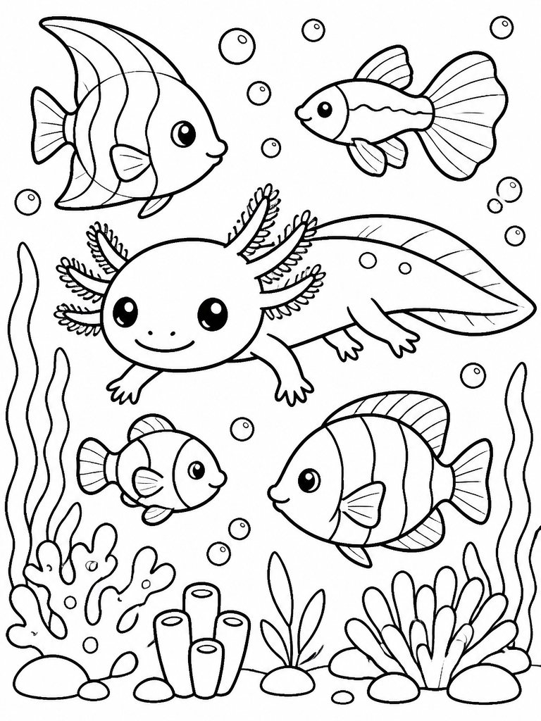 Axolotl swimming alongside colorful tropical fish