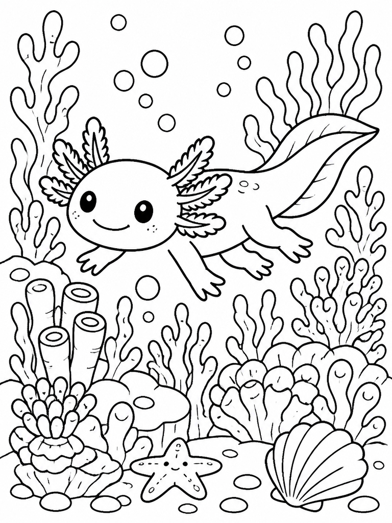 Axolotl swimming through glowing coral reef landscape