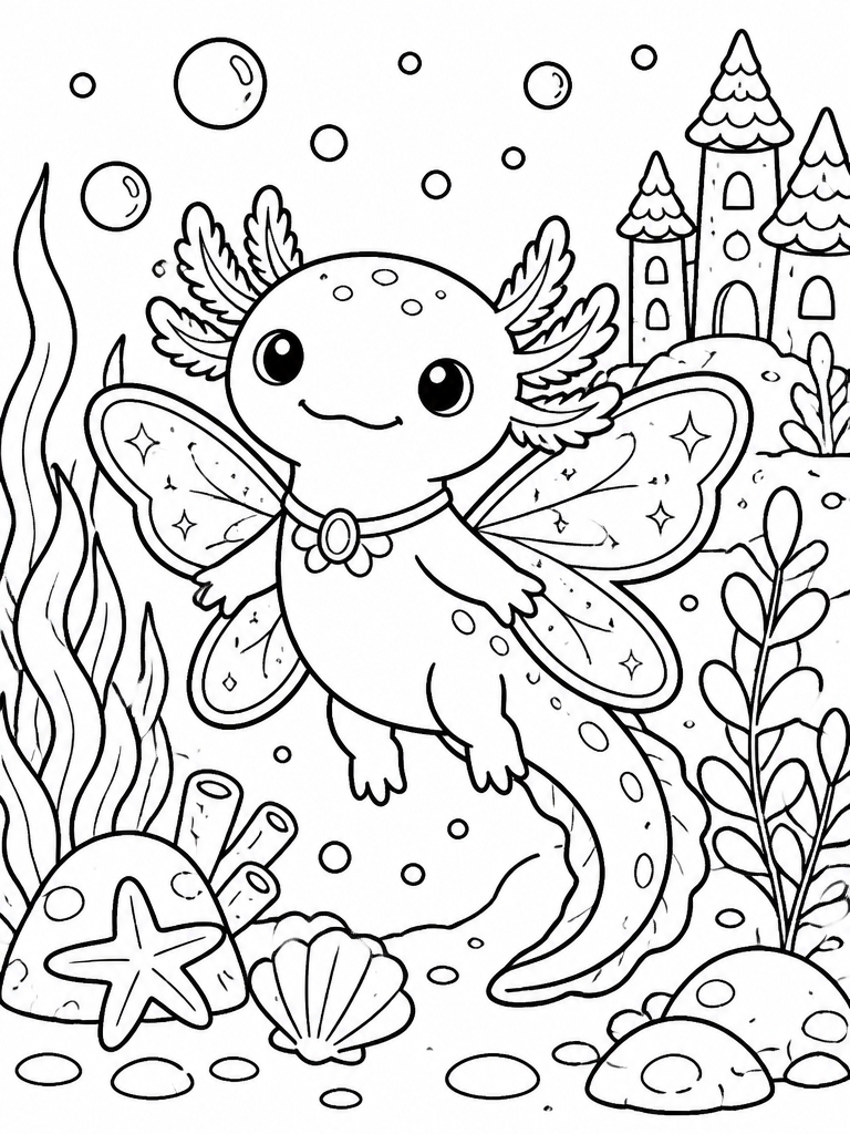 Axolotl wearing sparkly fairy wings in fantasy underwater