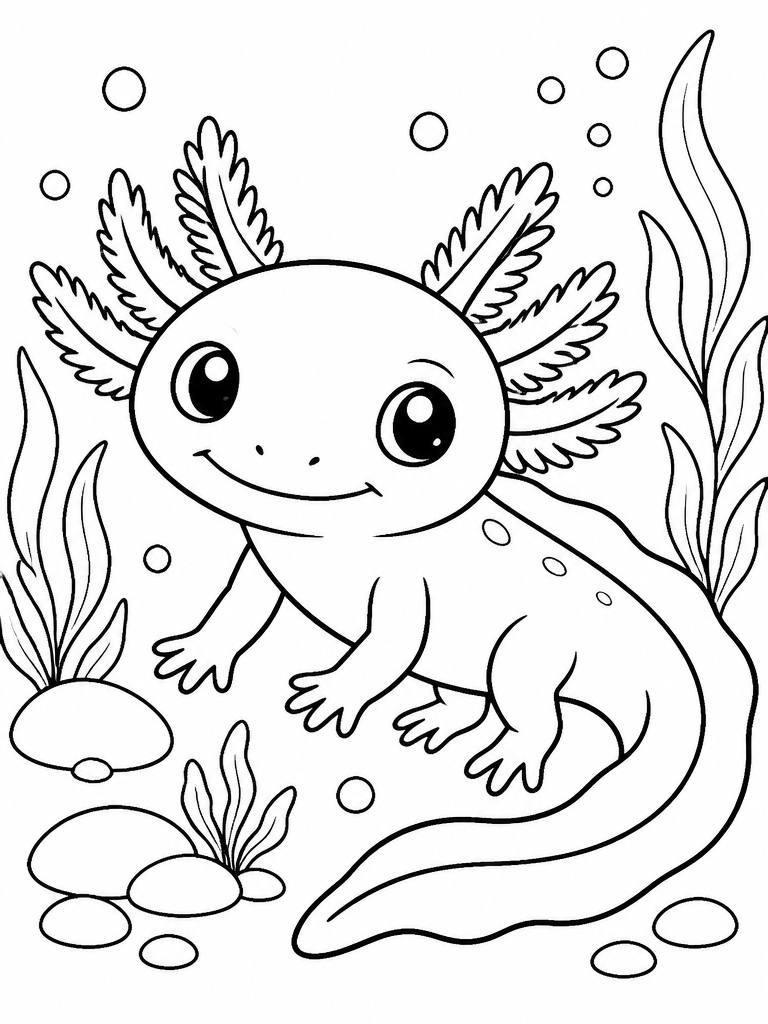 Axolotl with big expressive eyes and gentle smile
