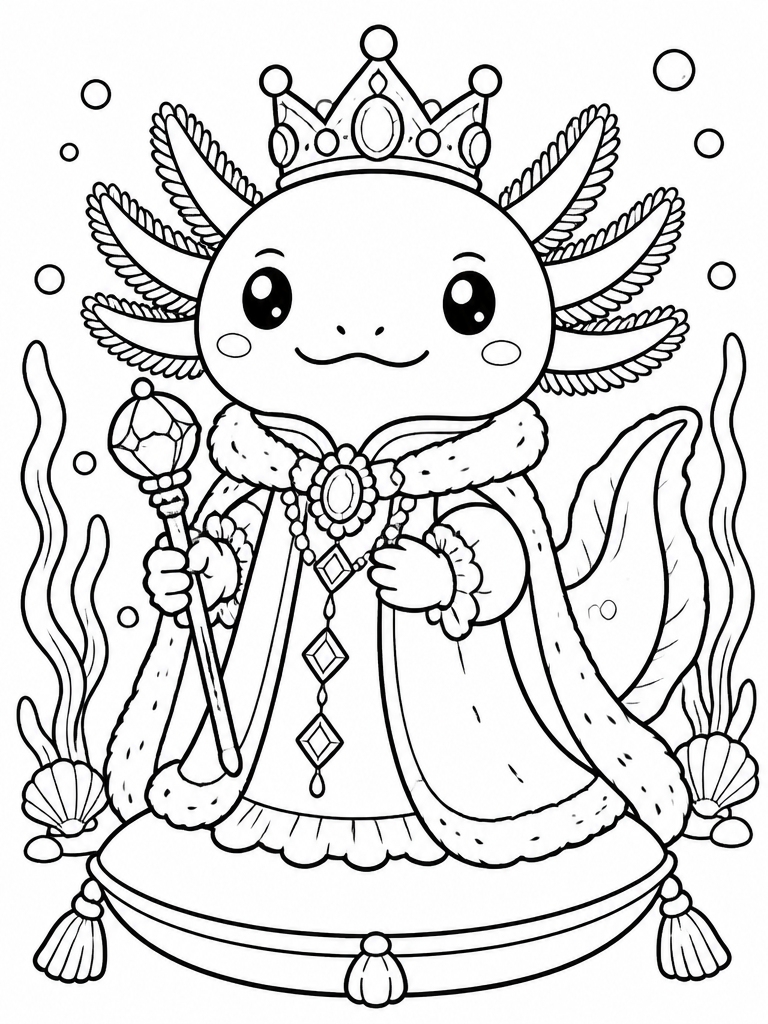 Axolotl with crown and jewels wearing royal outfit